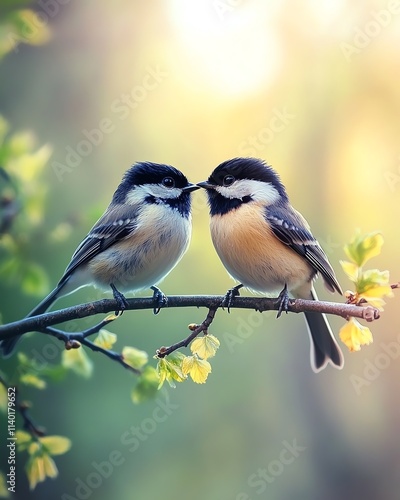 Two tit birds perched on a bird feeder, feeding their young with seeds, blurred forest or garden background, lively colors, nature s beauty, nurturing moment photo