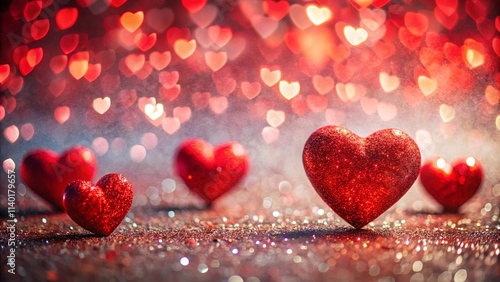 Romantic red glitter hearts on sparkly surface with bokeh background