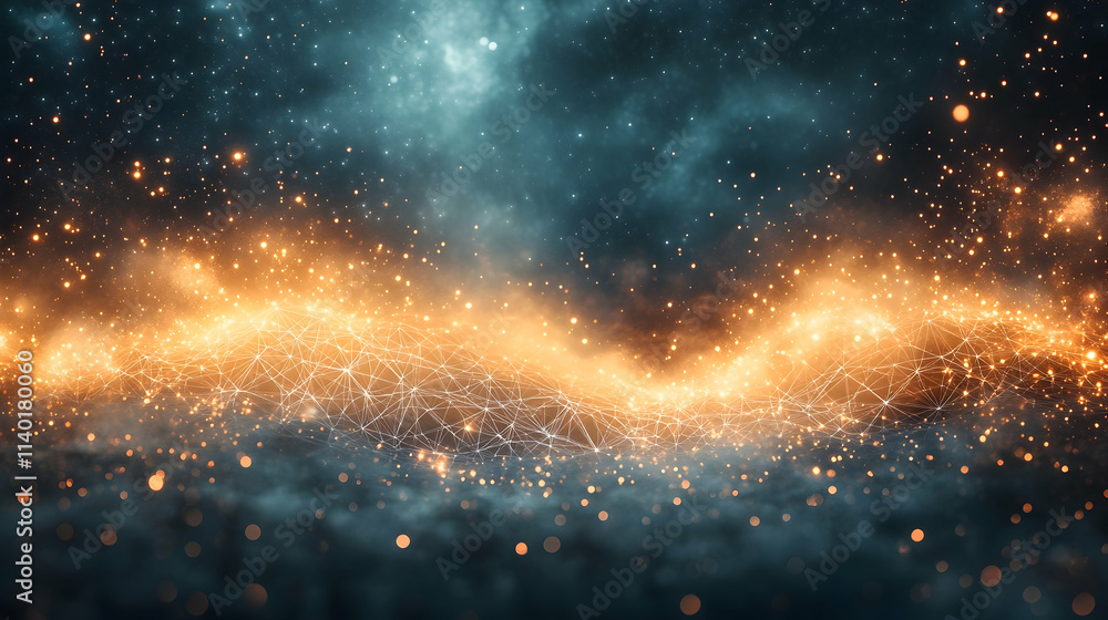 Abstract cosmic landscape with glowing particles.