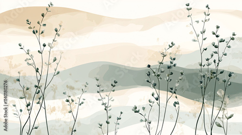 Watercolor Style Botanical Landscape with Muted Tones