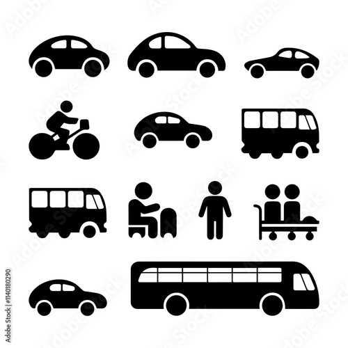 A collection of black silhouette icons representing various modes of transportation, including cars, buses, and a unique vehicle