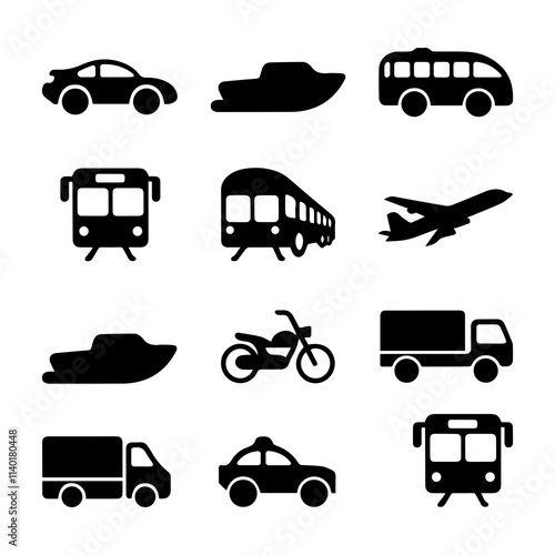 A collection of black silhouette icons representing various modes of transportation, including cars, buses, and a unique vehicle