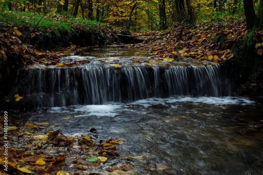 Fototapeta premium Serene autumnal stream cascading over small rocks, surrounded by fallen leaves and lush forest.