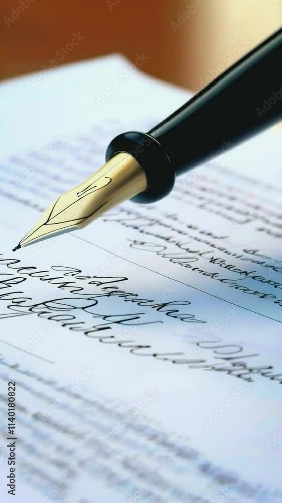 A close-up of a fountain pen poised over a document with elegant cursive writing. A close-up of a fountain pen poised over a document with elegant cursive writing.