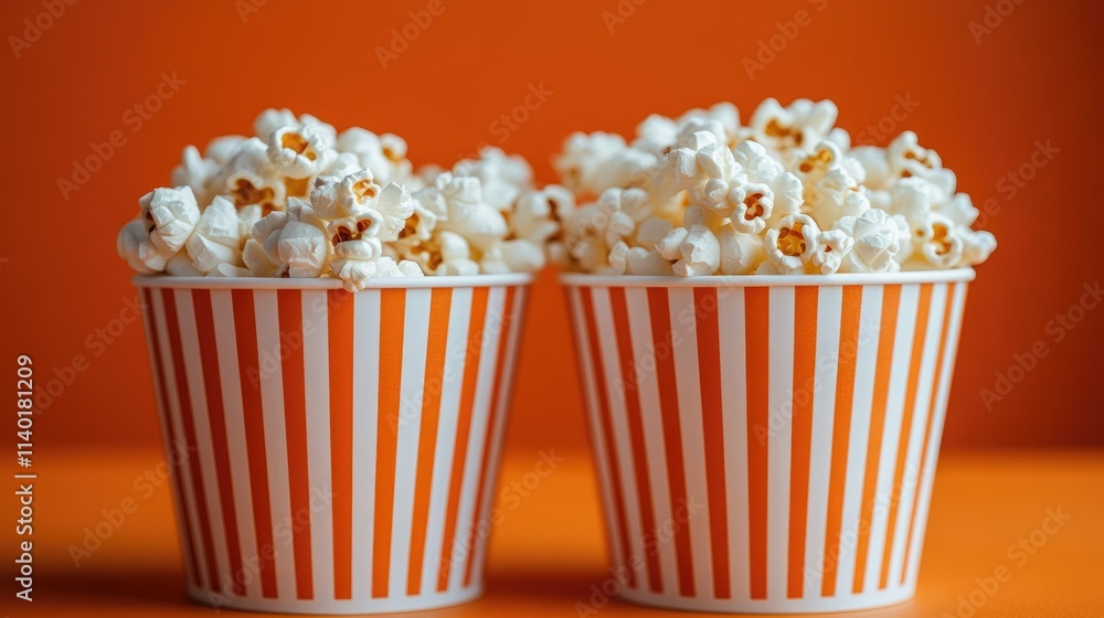 Two striped cups overflowing with fluffy popcorn against an orange background. Two striped cups overflowing with fluffy popcorn against an orange background.