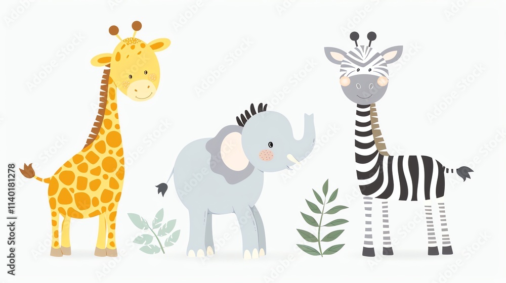 Obraz premium A giraffe, elephant, and zebra are shown in a cartoon style.