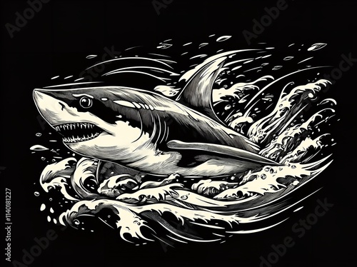 Black and White Vector Illustration of a Shark with Sea Wave

 photo