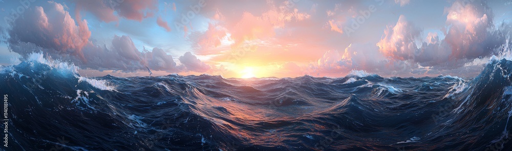 Fototapeta premium Stunning seascape, water beneath the sky with clouds, created with 3D rendering.