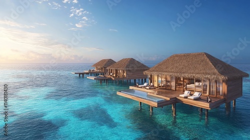 Luxury overwater bungalows in a tropical paradise. Generative AI