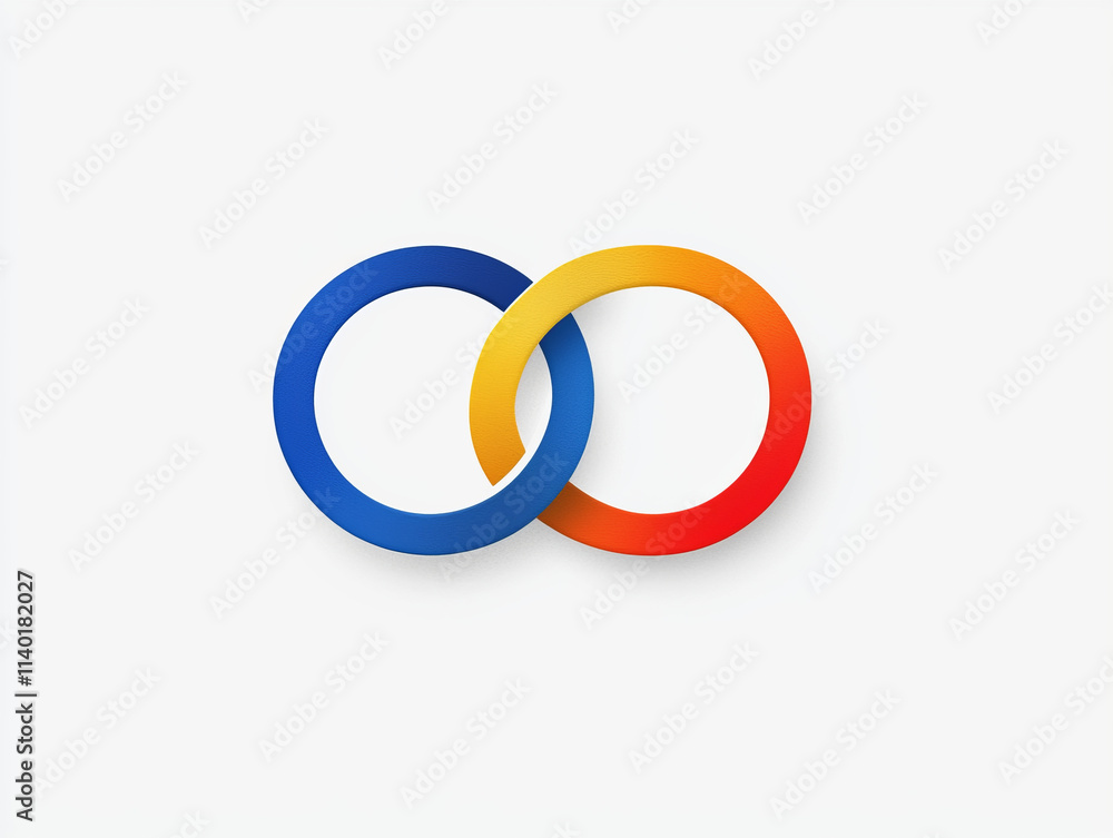Two interlocking circles in blue, yellow, and red on white background symbolize unity and connection Two interlocking circles in blue, yellow, and red on white background symbolize unity and connection
