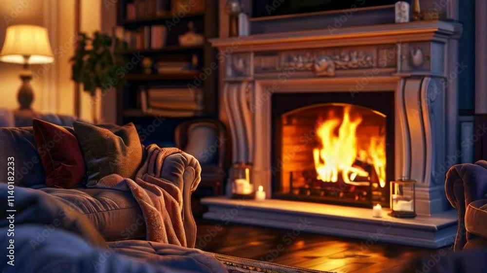 Cozy living room with a warm fireplace and a comfortable sofa, inviting relaxation. Cozy living room with a warm fireplace and a comfortable sofa, inviting relaxation.