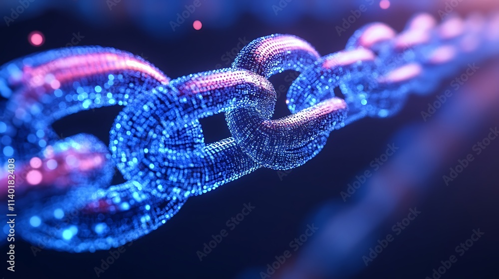 a digital blockchain or cryptocurrency chain, with glowing metallic links and a futuristic technological aesthetic a digital blockchain or cryptocurrency chain, with glowing metallic links and a futuristic technological aesthetic