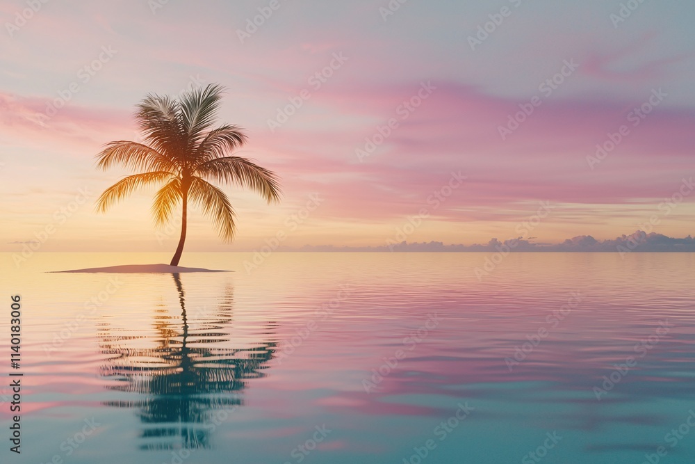 Sunset reflection of a palm tree on tranquil waters tropical island nature photography serene environment aesthetic view Sunset reflection of a palm tree on tranquil waters tropical island nature photography serene environment aesthetic view
