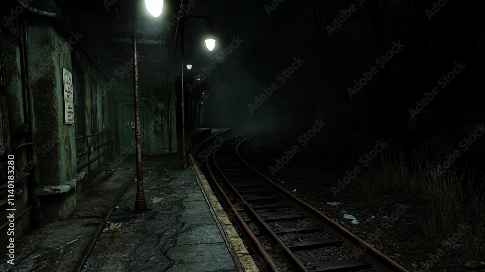 A lonely, deserted train station platform bathed in the dim glow of streetlights. The dark, foggy night creates a sense of mystery. A lonely, deserted train station platform bathed in the dim glow of streetlights. The dark, foggy night creates a sense of mystery.