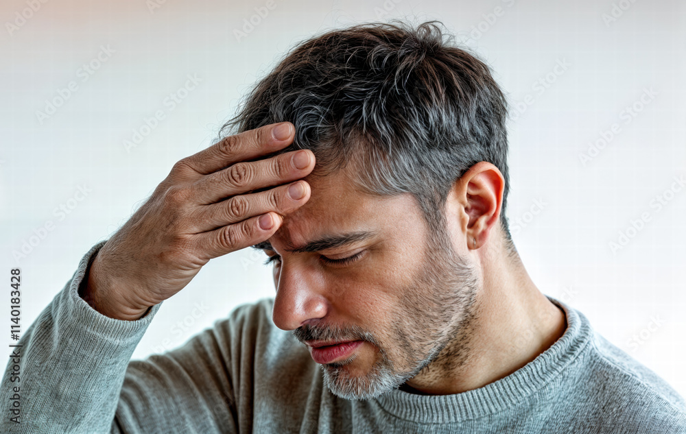 a person wearing a gray sweater with their hand resting on their forehead, suggesting they might be feeling tired or unwell. a person wearing a gray sweater with their hand resting on their forehead, suggesting they might be feeling tired or unwell.