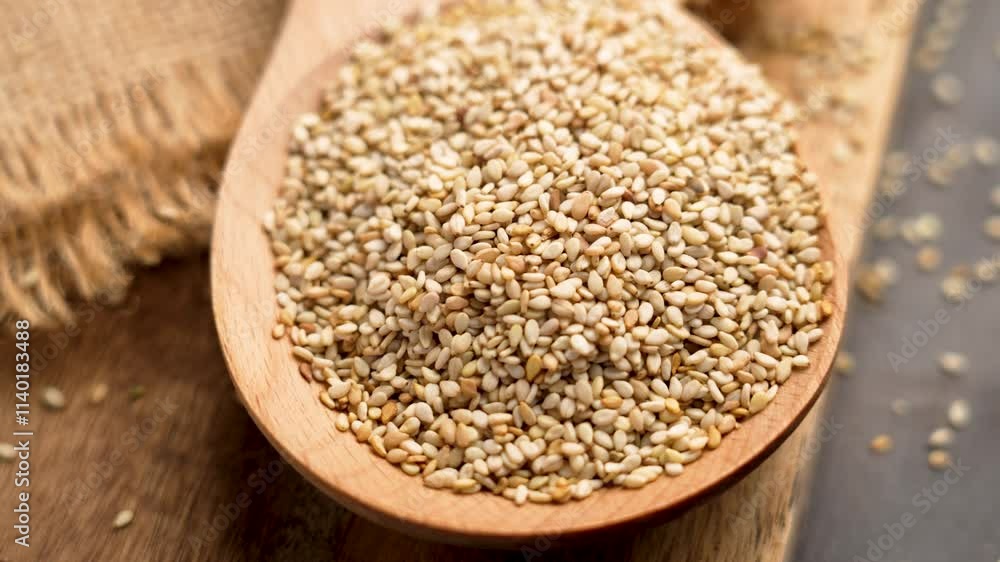 Sesame seeds in a wooden spoon on a rustic board with coarse burlap fabric Sesame seeds in a wooden spoon on a rustic board with coarse burlap fabric