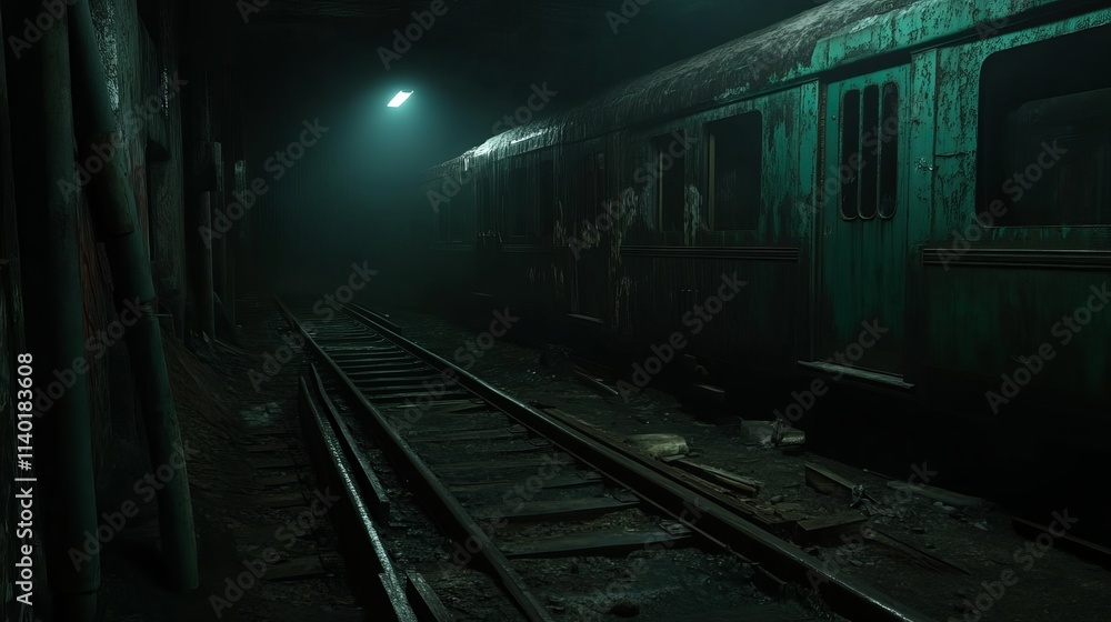 Naklejka premium A lone train car sits on the tracks in a dark and abandoned tunnel, illuminated by a single light above.