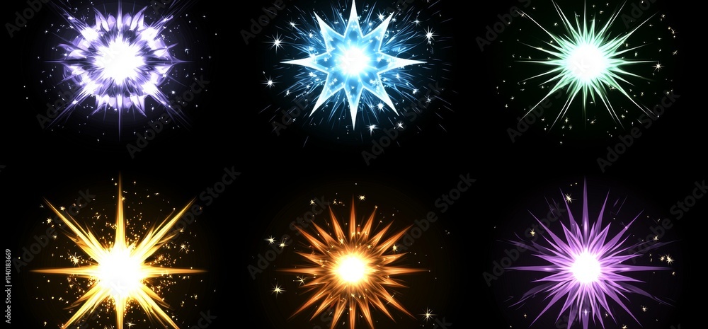 Collection of glittering stars. Radiance effect. Christmas theme. Festive illumination. PNG format. Collection of glittering stars. Radiance effect. Christmas theme. Festive illumination. PNG format.