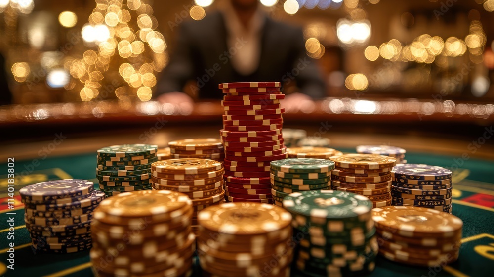 Casino poker chips stacked high on a green felt table, with a blurred player in the background. Casino poker chips stacked high on a green felt table, with a blurred player in the background.