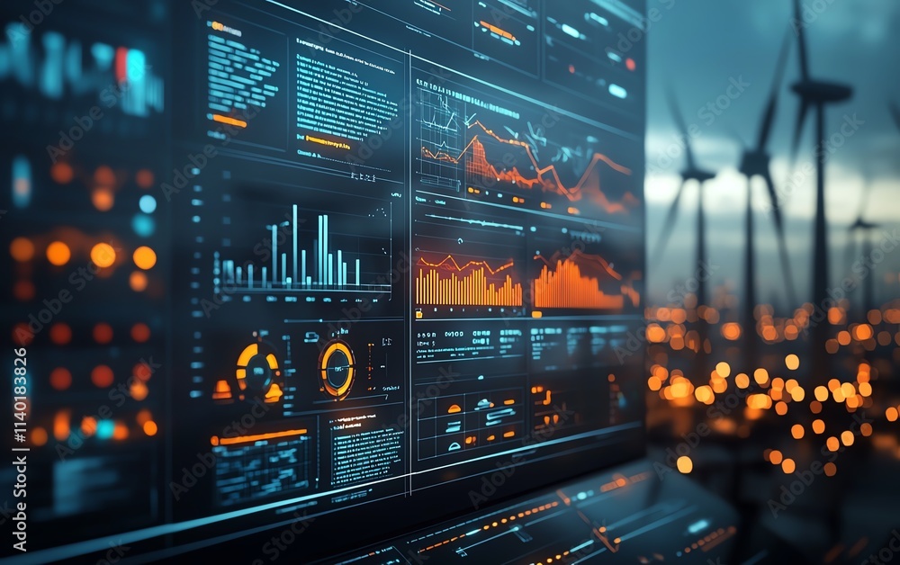 A futuristic digital dashboard displaying realtime analytics and wind energy data visualizations, sleek UI, vibrant colors, hightech design, 4K resolution A futuristic digital dashboard displaying realtime analytics and wind energy data visualizations, sleek UI, vibrant colors, hightech design, 4K resolution
