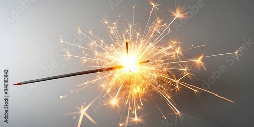 A brightly lit handheld firework sparkler with glowing embers and trails against a neutral background