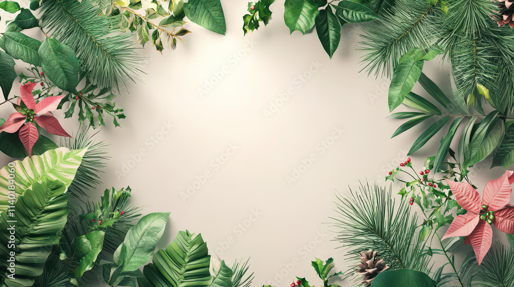 A decorative frame of lush green and pink foliage on a light background. A decorative frame of lush green and pink foliage on a light background.