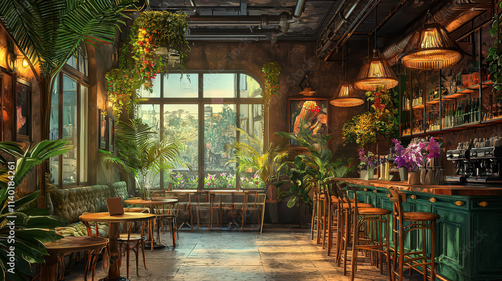 Fototapeta premium Cozy caf? interior with plants, bar, and natural light, inviting relaxation and socializing.