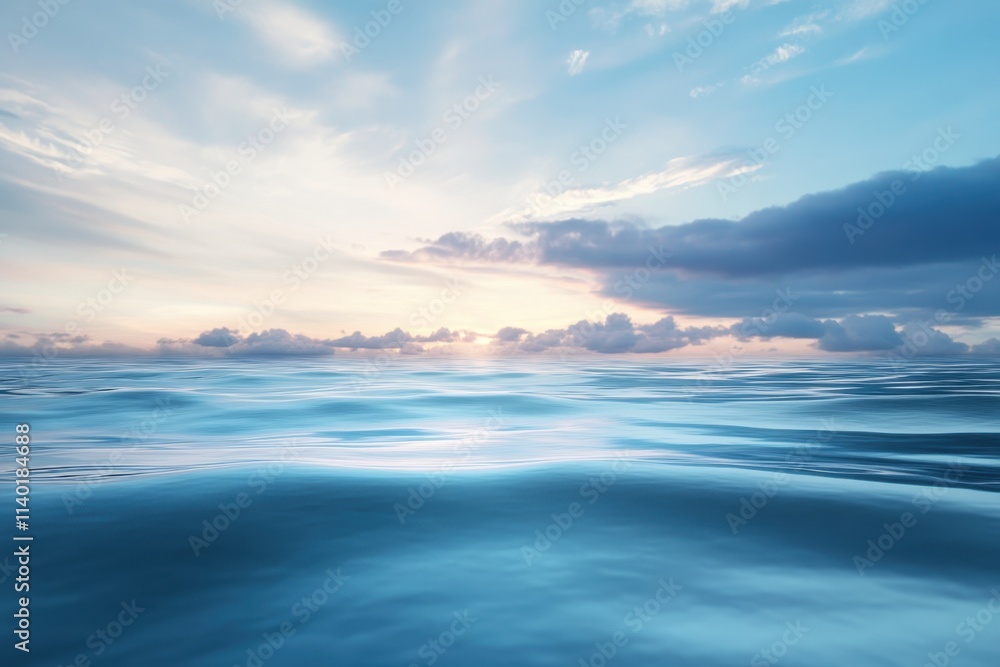 Serenity of the ocean at dawn with soft waves and colorful clouds above Serenity of the ocean at dawn with soft waves and colorful clouds above