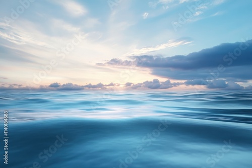 Serenity of the ocean at dawn with soft waves and colorful clouds above