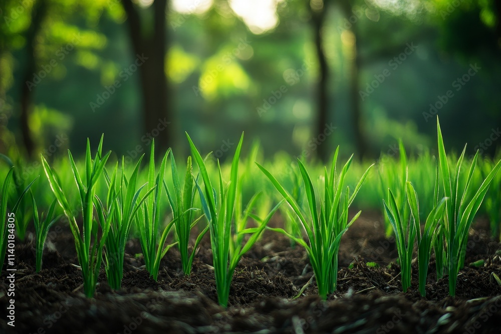 Lush green seedlings sprouting from dark soil in a sunlit forest. Lush green seedlings sprouting from dark soil in a sunlit forest.