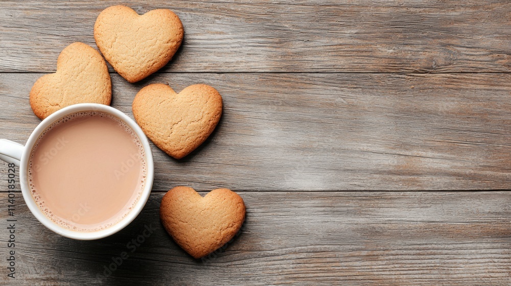 Warm cup of coffee alongside heart-shaped cookies on a wooden table. Warm cup of coffee alongside heart-shaped cookies on a wooden table.