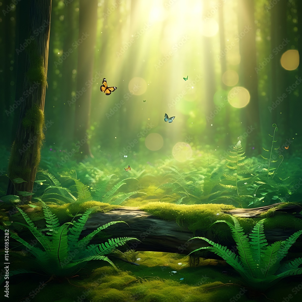 Fototapeta premium Magical Sunlit Forest with Butterflies and Lush Greenery