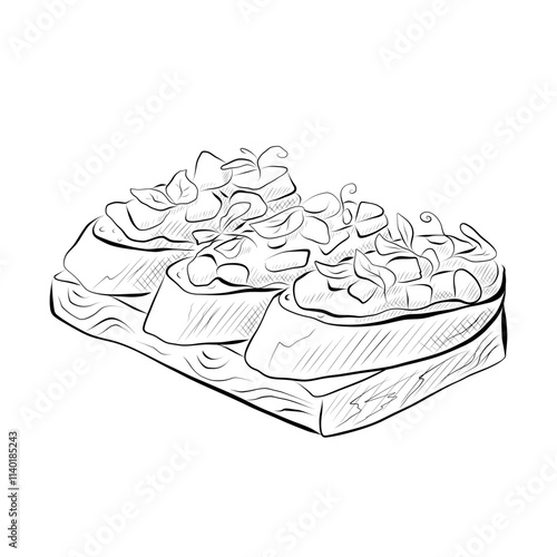 Line drawing. Line art food - Italian cuisine three bruschetta. Vector minimalist design