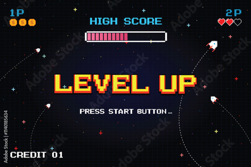 LEVEL UP. pixel art .8-bit game. Retro Futurism Sci-Fi Background. glowing neon grid. and stars from vintage arcade computer games