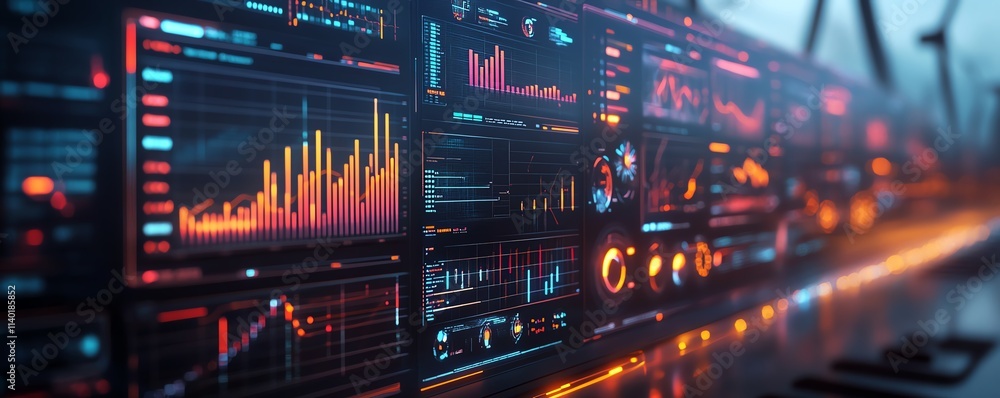 Obraz premium A modern dashboard interface with wind energy analytics, glowing charts, interactive data visualizations, futuristic aesthetic, sharp details, 8K rendering