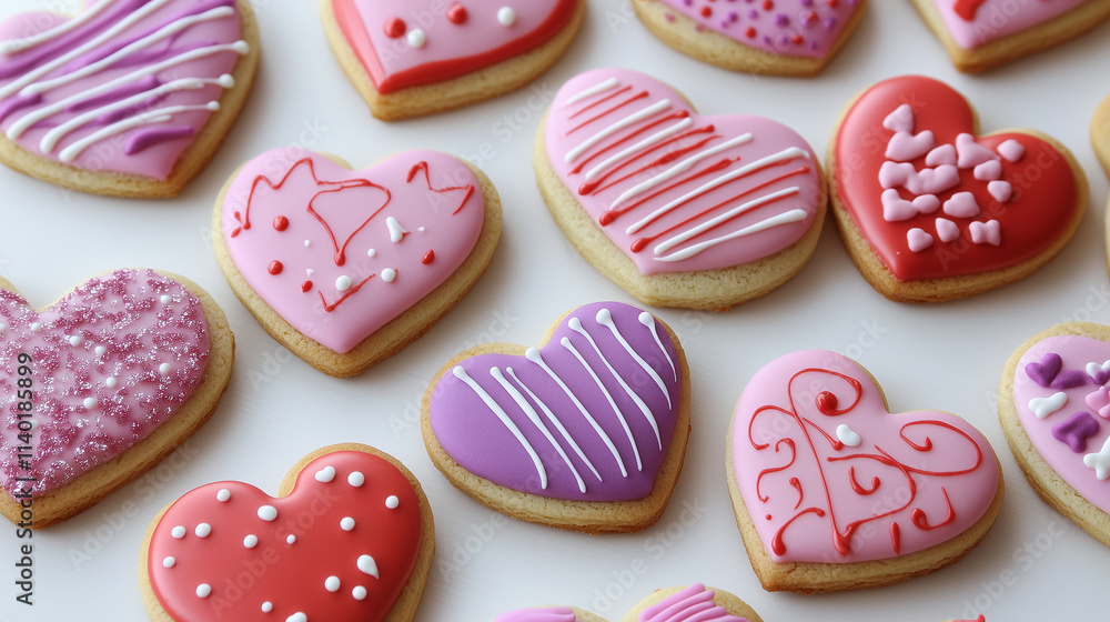 Valentine's Day gift box cookies in shades of pink, purple and red, decorated with intricate designs such as hearts, stripes, dots or floral patterns Valentine's Day gift box cookies in shades of pink, purple and red, decorated with intricate designs such as hearts, stripes, dots or floral patterns
