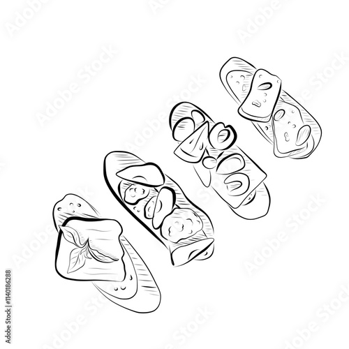 Line drawing. Line art food - Italian cuisine four bruschetta with eggs, tomatoes, cheese, etc. Vector minimalist design