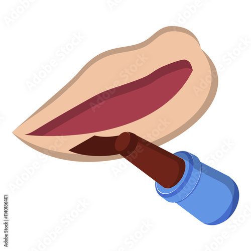 Applying Lipstick on Lips isometric concept, Makeup Artist Studio Logo vector icon design, beauty personal care symbol, cosmetic dermatology sign, body aesthetics stock illustration 