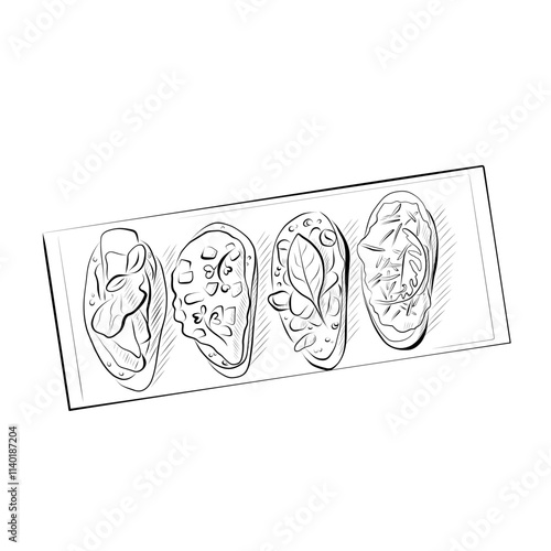 Line drawing. Line art food - Italian cuisine four bruschetta with prosciutto, tomatoes, cheese, etc. Vector minimalist design