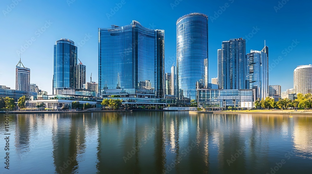 Obraz premium Modern urban cityscape including business office buildings and skyscrapers with reflective glass, exhibiting modern architecture and a corporate environment
