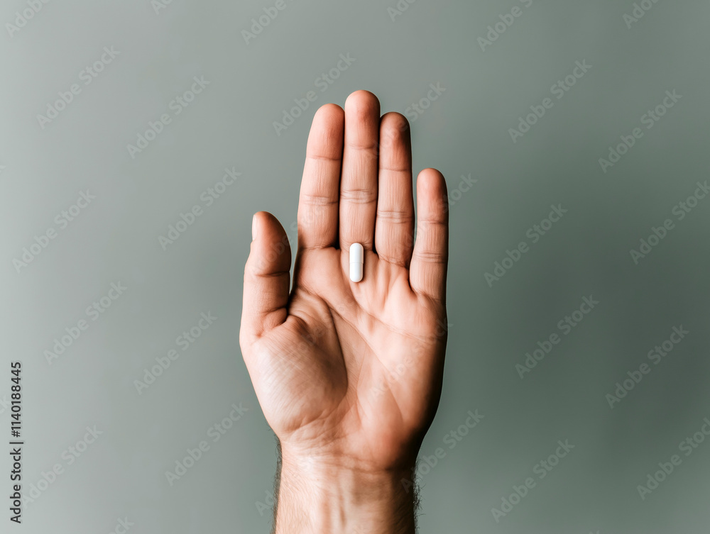 Close-up of a female hand holding a single white pill with a neutral background, medical concept
Close-up of a female hand holding a single white pill with a neutral background, medical concept