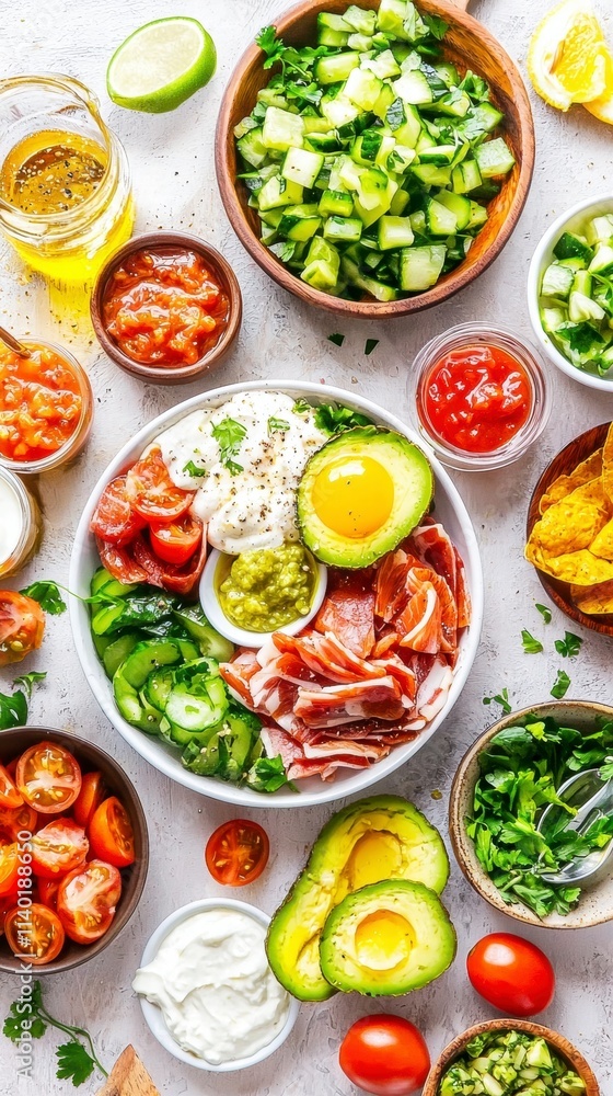 Delicious and Healthy Avocado Bowl with Various Toppings Delicious and Healthy Avocado Bowl with Various Toppings
