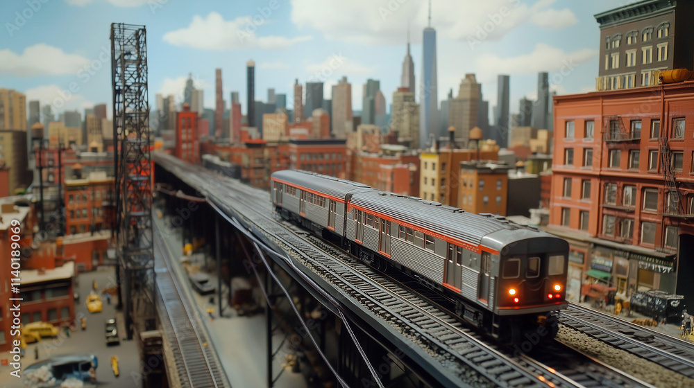 Obraz premium model train set up to look like it's traveling across a rooftop, with the city skyline in the distance, playing with scale and reality