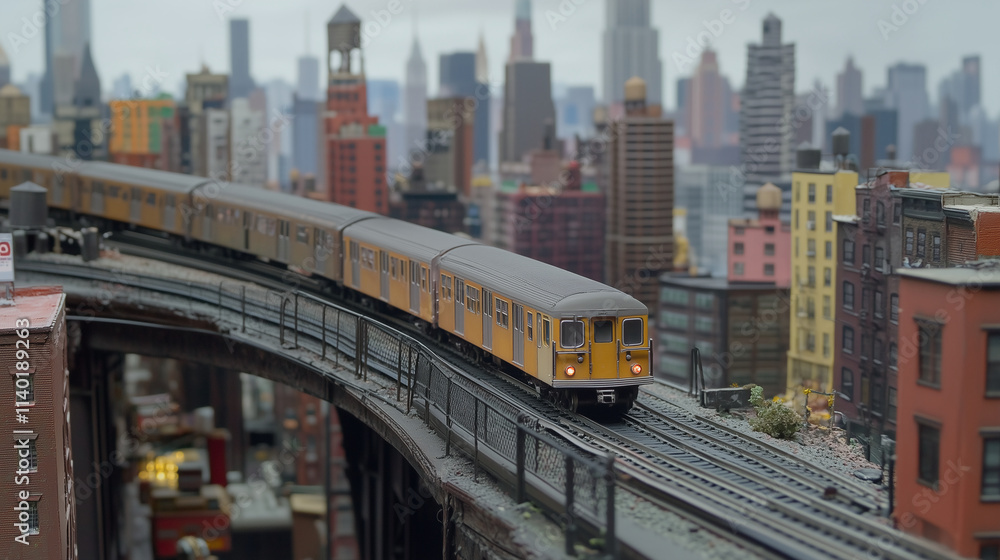 model train set up to look like it's traveling across a rooftop, with the city skyline in the distance, playing with scale and reality model train set up to look like it's traveling across a rooftop, with the city skyline in the distance, playing with scale and reality