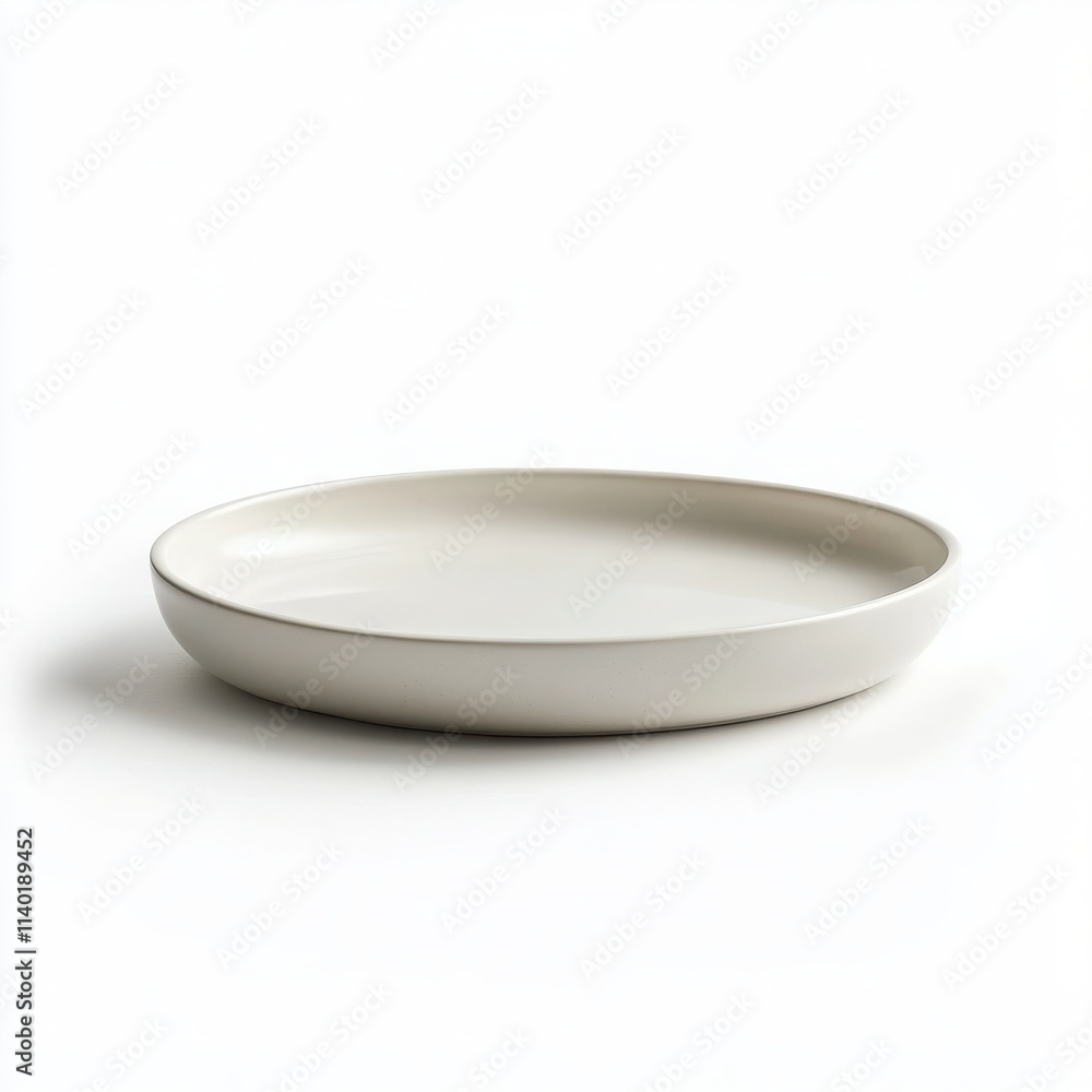 A simple white ceramic plate with a smooth surface and rounded edges on a white background A simple white ceramic plate with a smooth surface and rounded edges on a white background