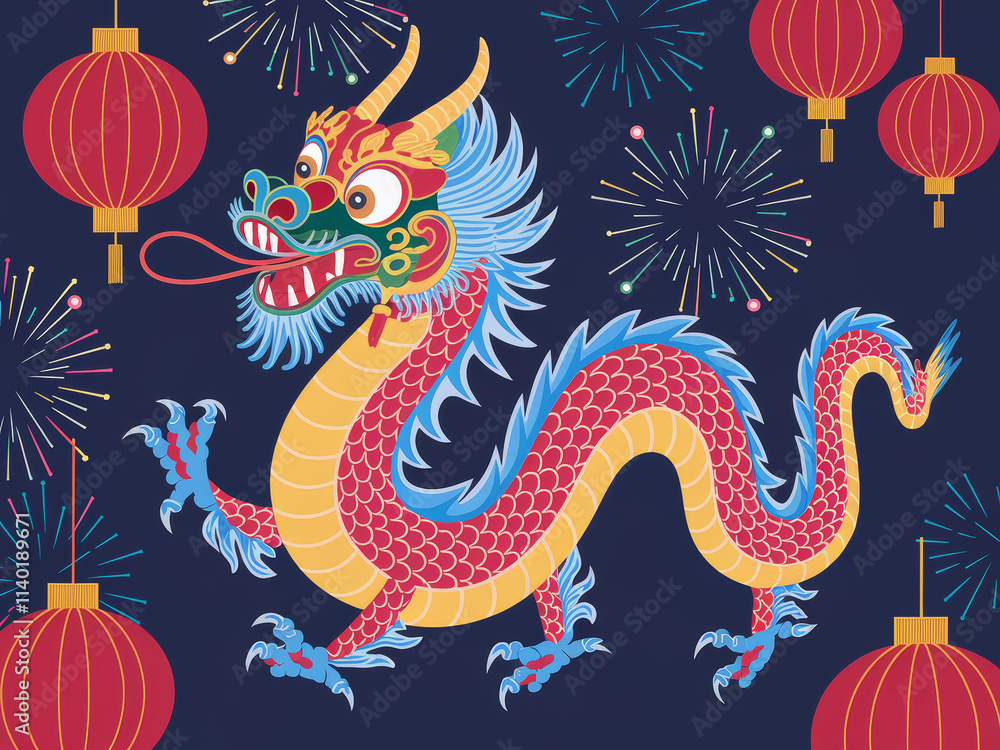 Fototapeta premium Colorful chinese dragon with lanterns and fireworks celebration
