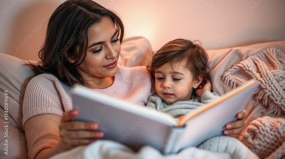 Mother reading a book to child in a cozy indoor setting, highlighting love and nurturing Mother reading a book to child in a cozy indoor setting, highlighting love and nurturing