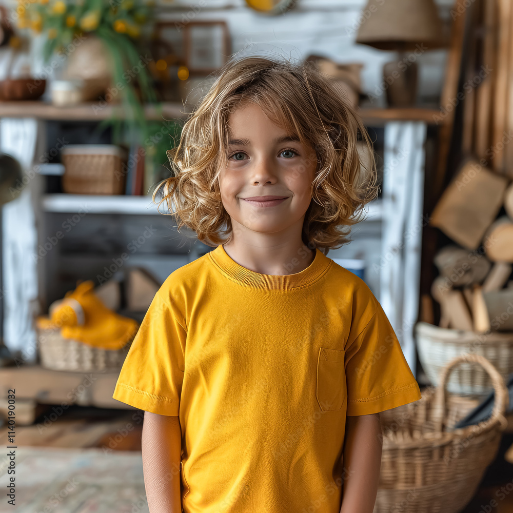 Young boy wearing a yellow shirt is smiling and looking at the camera