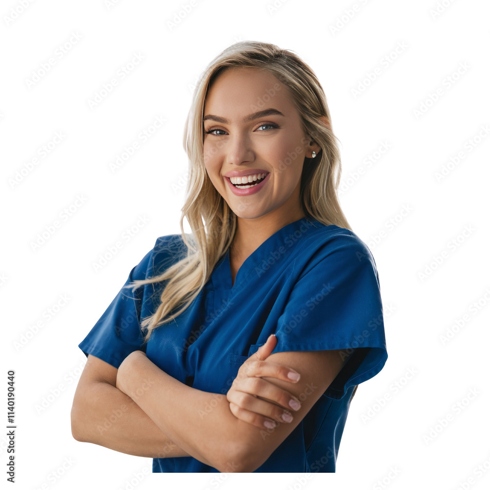 Confident and Caring: A young female healthcare professional in a blue uniform smiles warmly, radiating confidence and compassion. Her arms are crossed. Confident and Caring: A young female healthcare professional in a blue uniform smiles warmly, radiating confidence and compassion. Her arms are crossed.