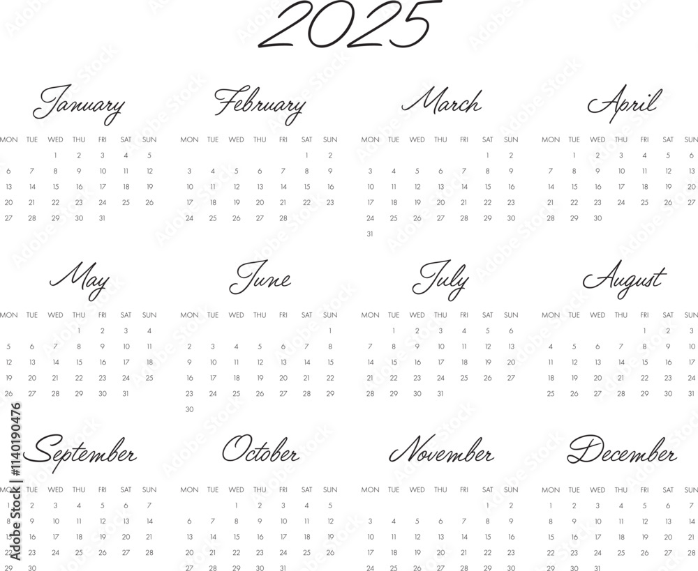 Kalendarz 2025, poziomy. Tydzień zaczynający się od Poniedziałku.